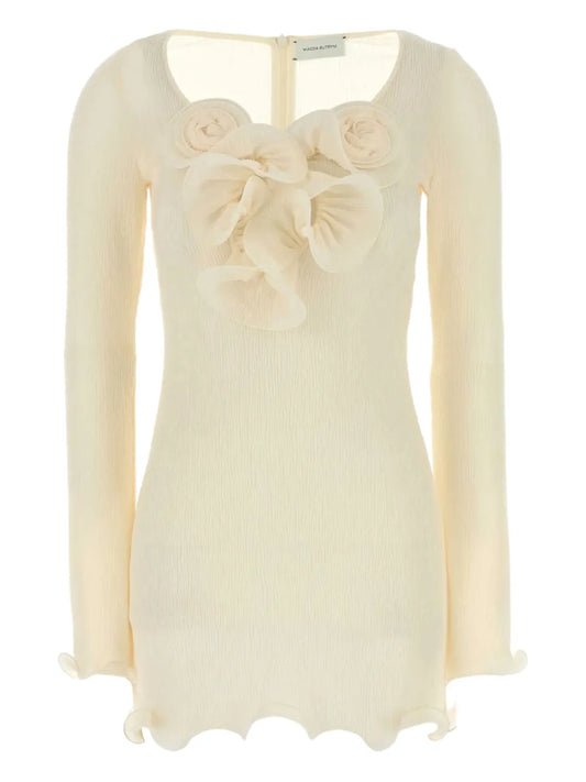 Flower-Embellished Long-Sleeve Mini Dress