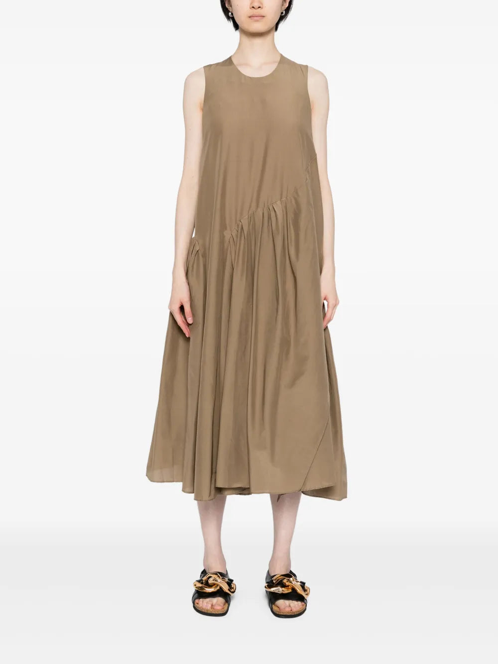 Pleated Asymmetric-Hem Dress