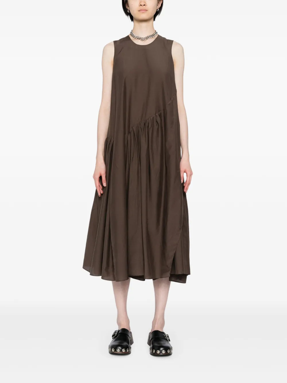 Pleated Asymmetric-Hem Dress
