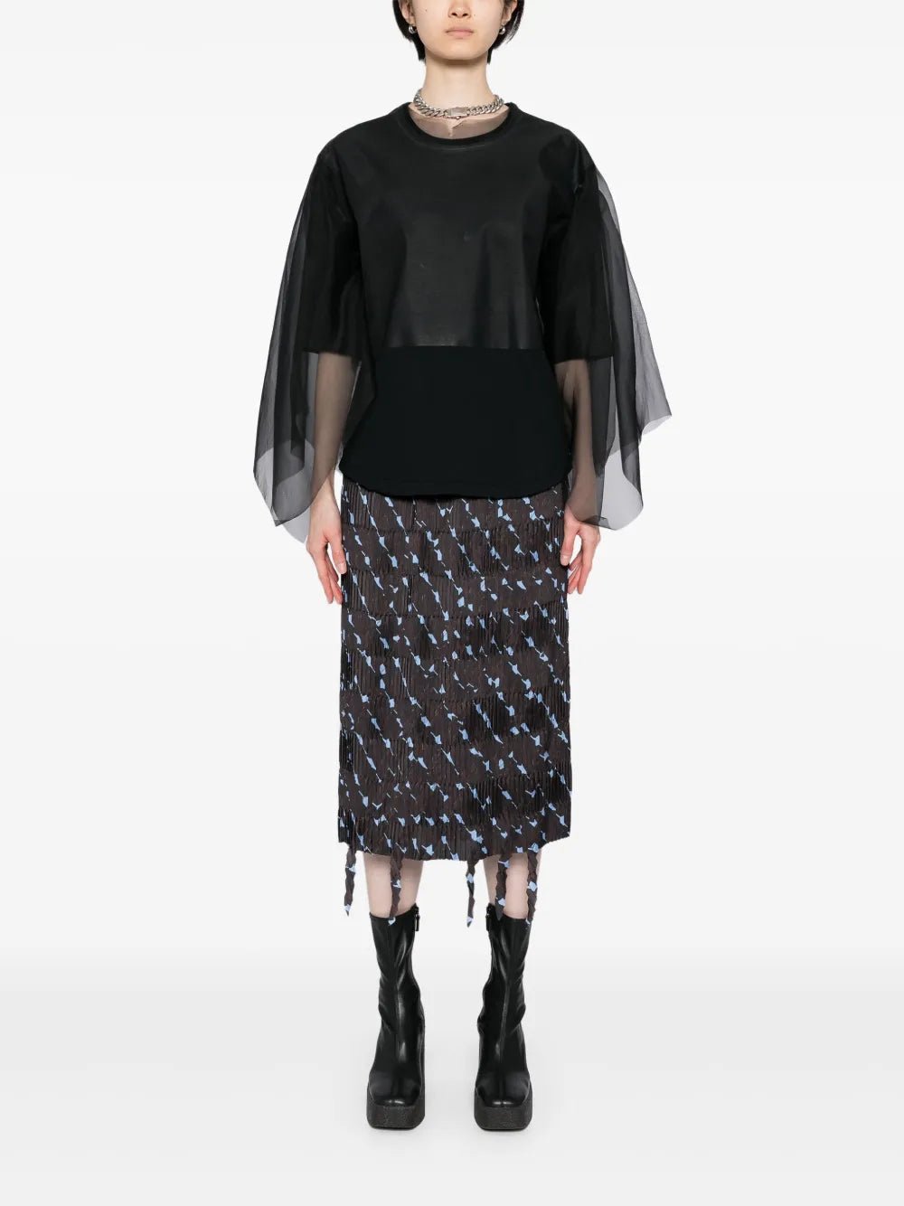 Fringed-Edge Midi Skirt