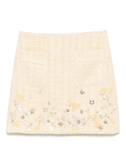 Floral-Embroidered Tweed Mini Skirt