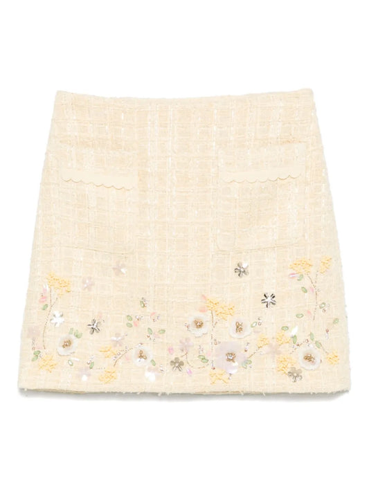 Floral-Embroidered Tweed Mini Skirt