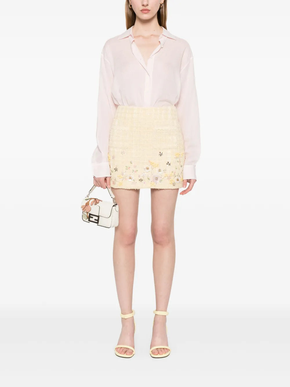 Floral-Embroidered Tweed Mini Skirt