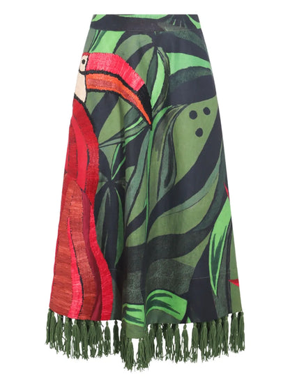 Flamingo-Embroidered Maxi Skirt