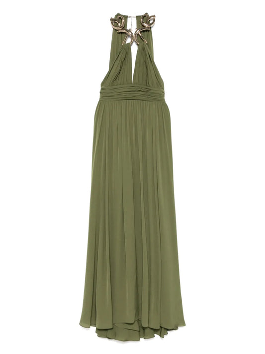 Metallic-Neck Silk Maxi Dress