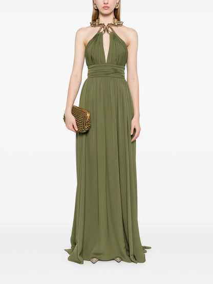 Metallic-Neck Silk Maxi Dress