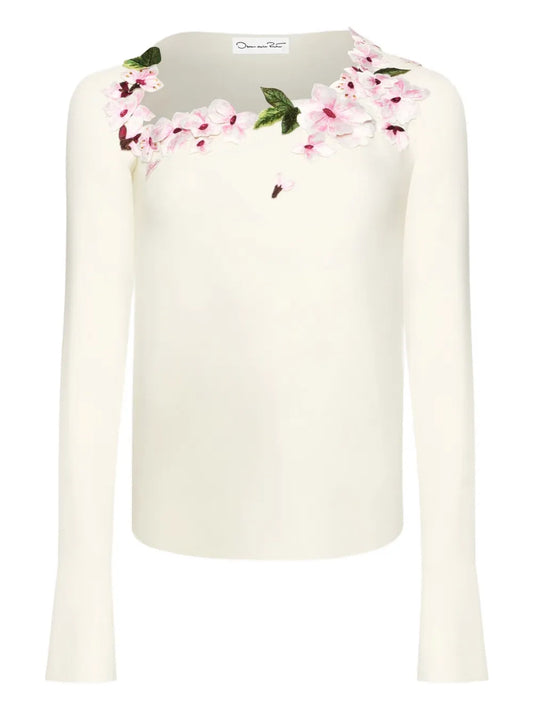 Floral-Embellished Long-Sleeve Blouse