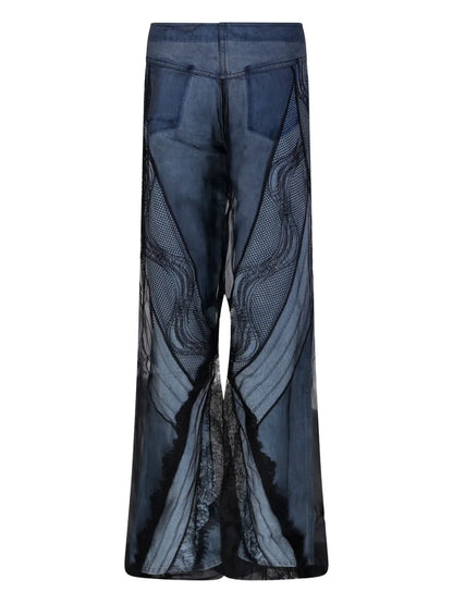 Sheer-Overlay Wide-Leg Jeans