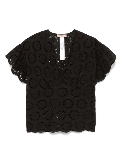 Broderie-Anglaise Cap-Sleeve Blouse