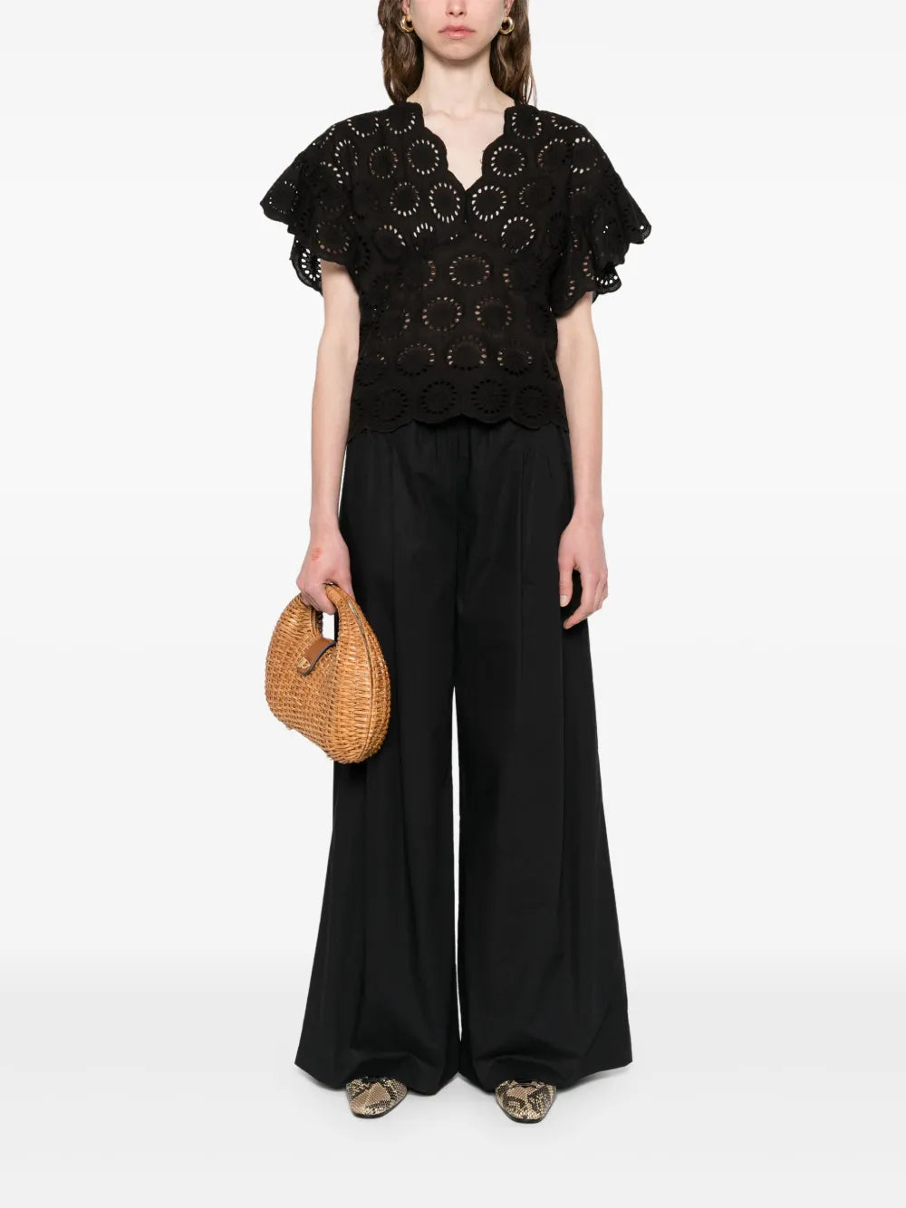 Broderie-Anglaise Cap-Sleeve Blouse