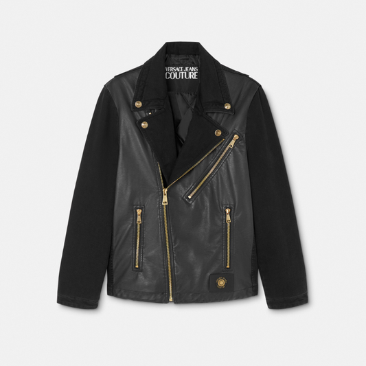 V-Emblem Coated Denim Biker Jacket