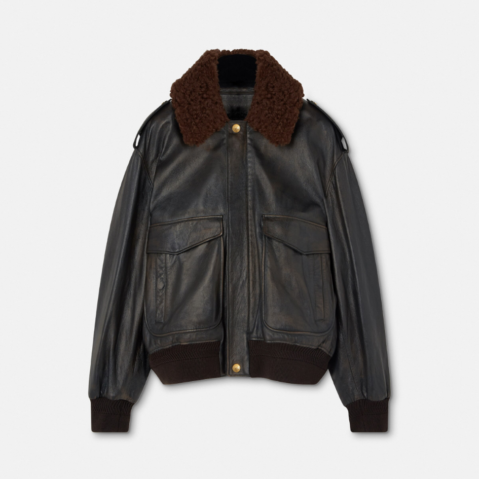 Shearling-Collar Leather Bomber Jacket