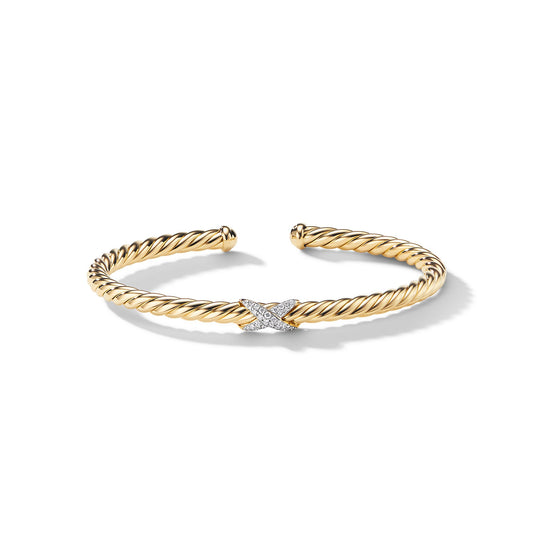 X Cablespira® Station Bracelet in Yellow Gold with Pavé Diamonds, 4mm