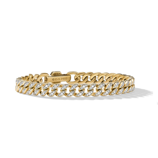 Curb Chain Bracelet in Yellow Gold with Diamonds, 7mm