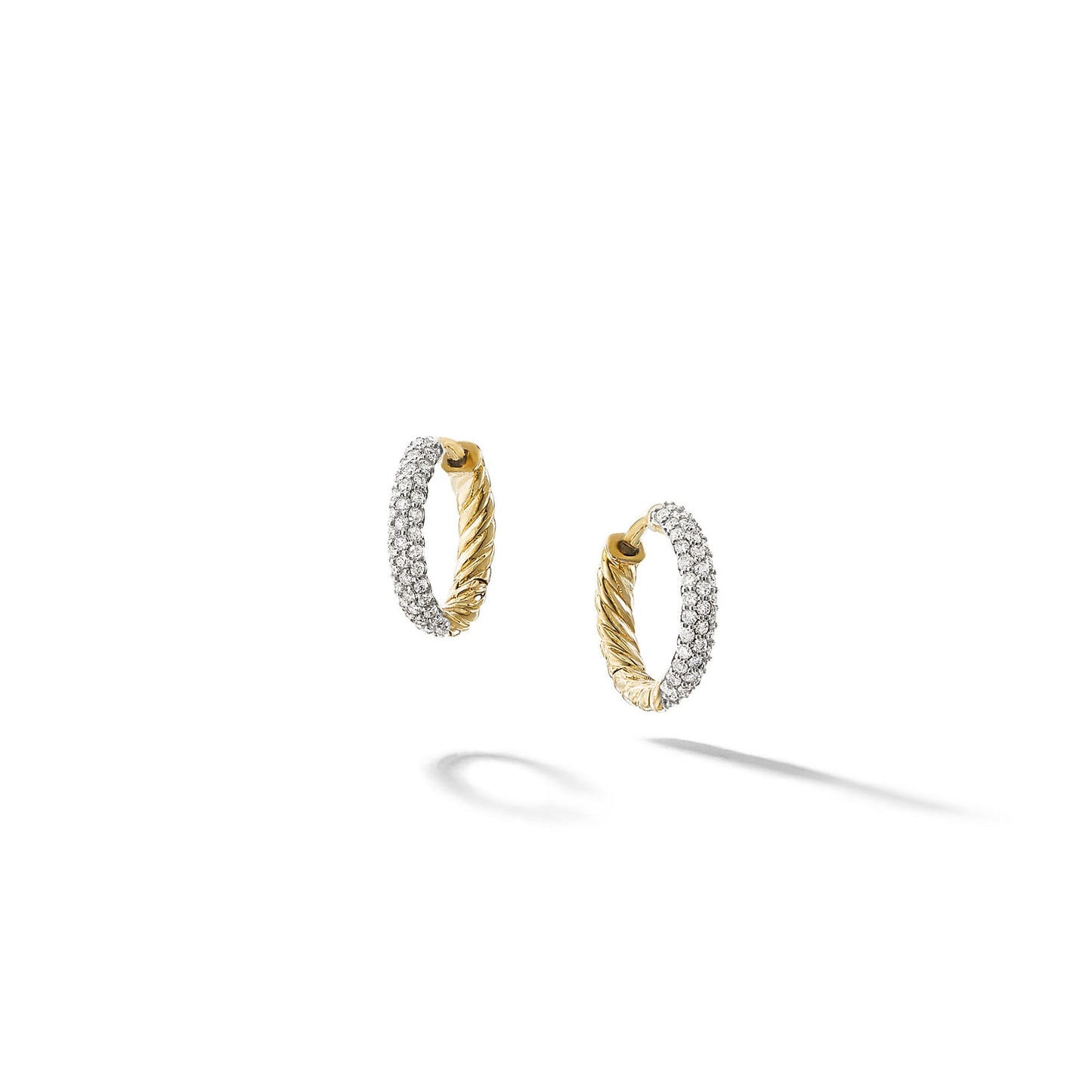 Pavé Huggie Hoop Earrings in Yellow Gold with Diamonds, 14mm