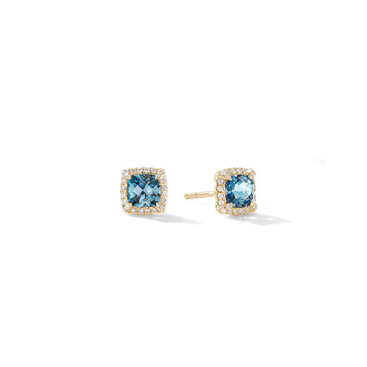 Chatelaine® Pavé Bezel Stud Earrings in Yellow Gold with Hampton Blue Topaz and Diamonds, 5mm