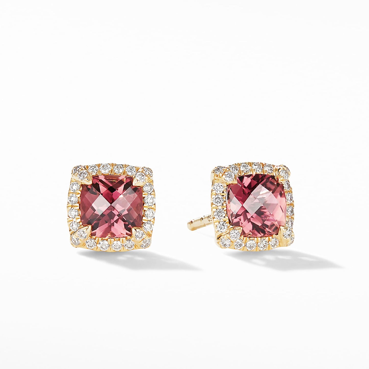 Chatelaine® Pavé Bezel Stud Earrings in Yellow Gold with Pink Tourmaline and Diamonds, 5mm