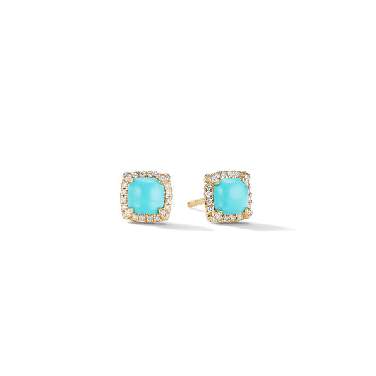 Chatelaine® Pavé Bezel Stud Earrings in Yellow Gold with Turquoise and Diamonds, 5mm