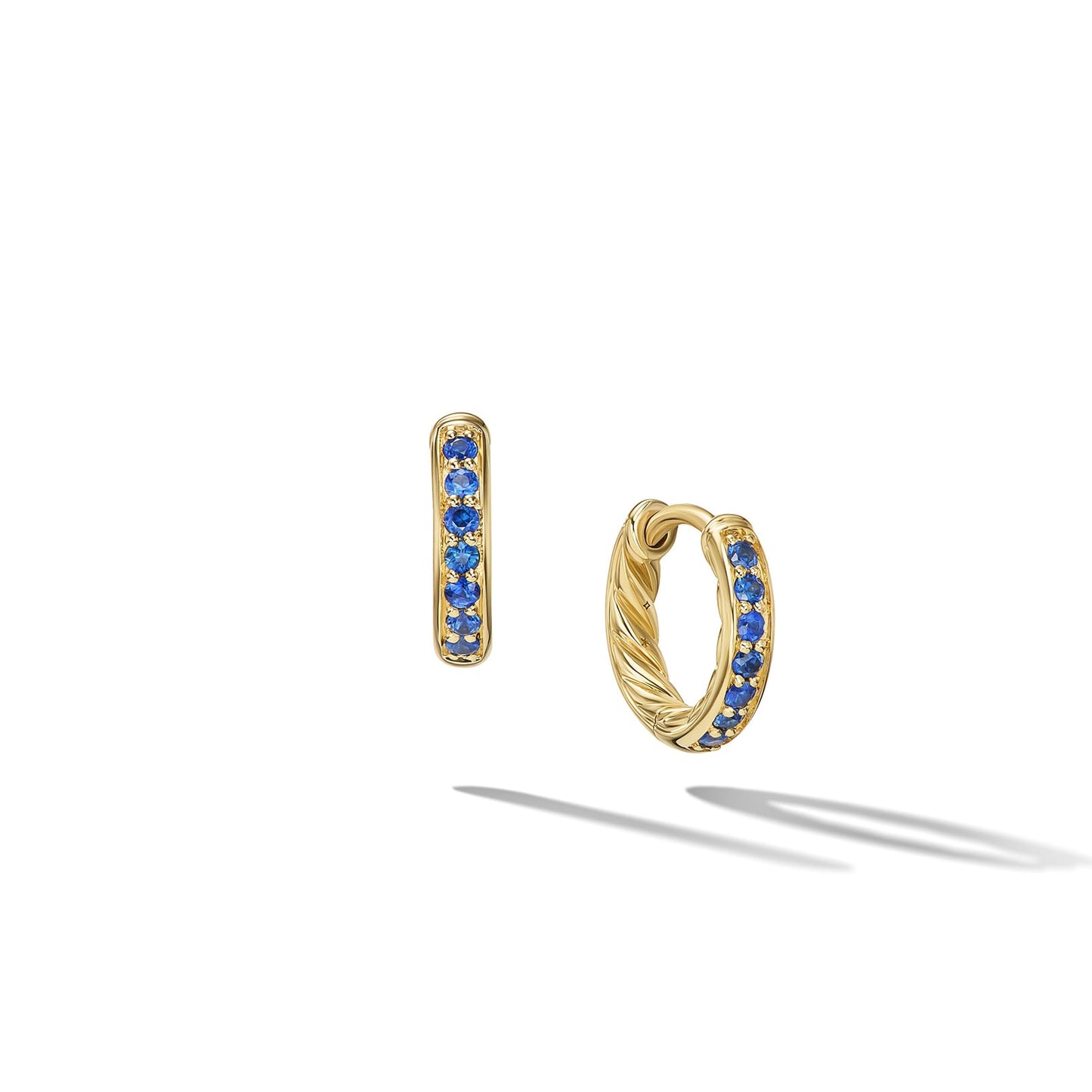 Pavé Huggie Hoop Earrings in Yellow Gold with Blue Sapphires, 12mm