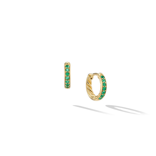 Pavé Huggie Hoop Earrings in Yellow Gold with Emeralds, 12mm