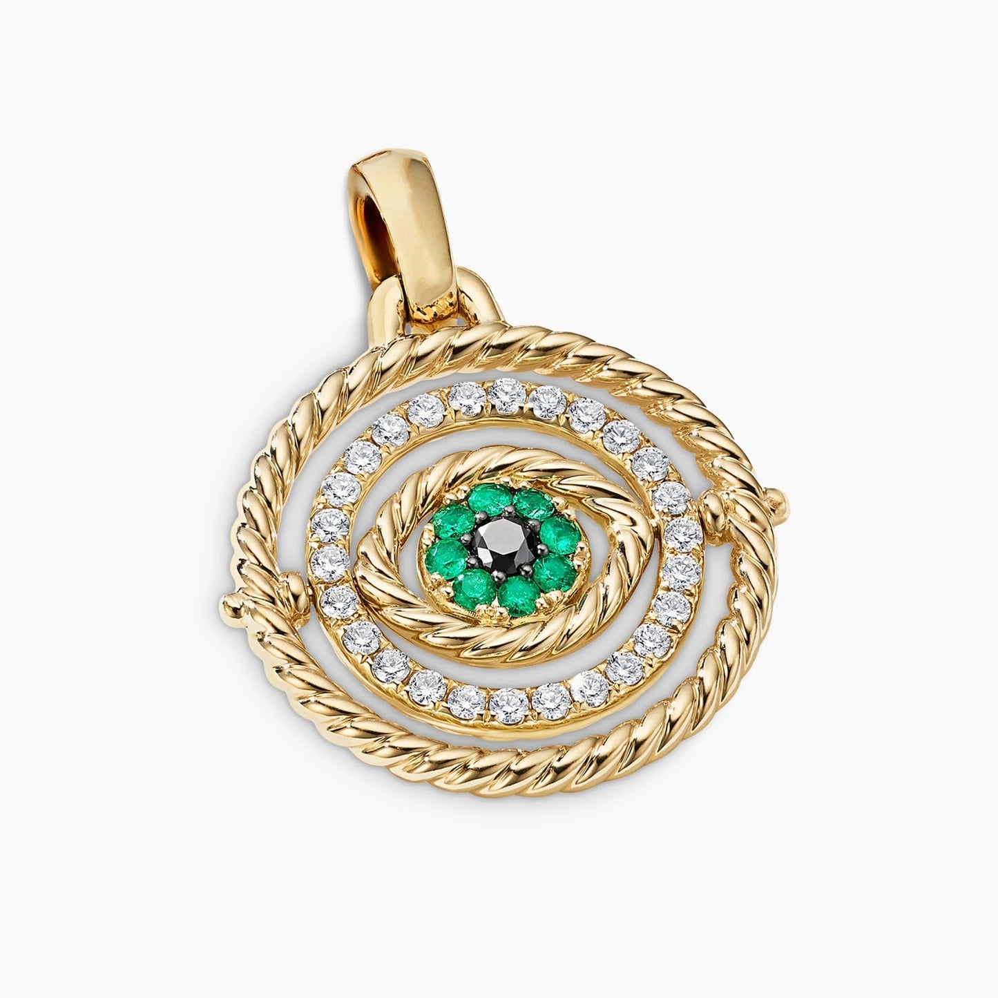 Evil Eye Mobile Amulet in Yellow Gold with Pavé Emeralds and Diamonds, 20.5mm