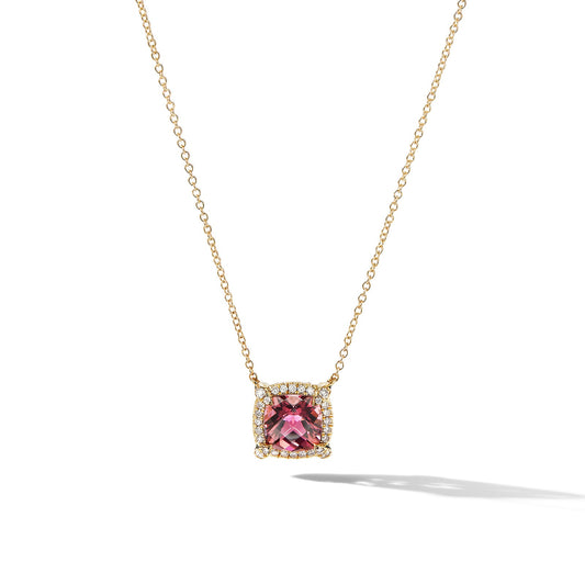 Chatelaine® Pavé Bezel Pendant in Yellow Gold with Pink Tourmaline and Diamonds, 7mm