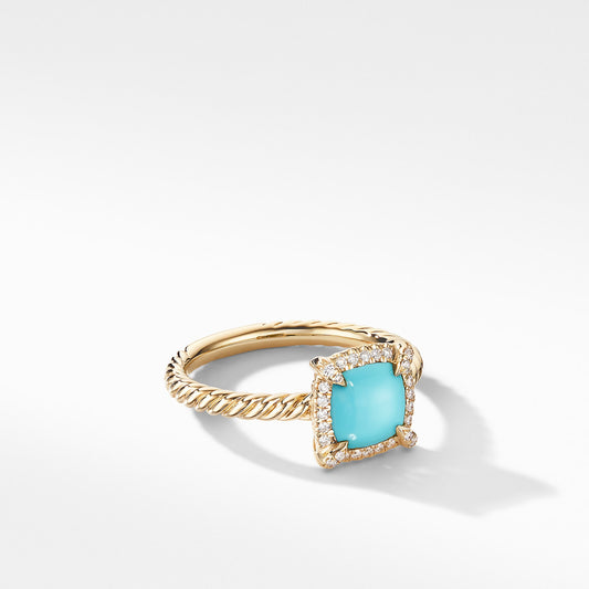 Chatelaine® Pavé Bezel Ring in Yellow Gold with Turquoise and Diamonds, 7mm