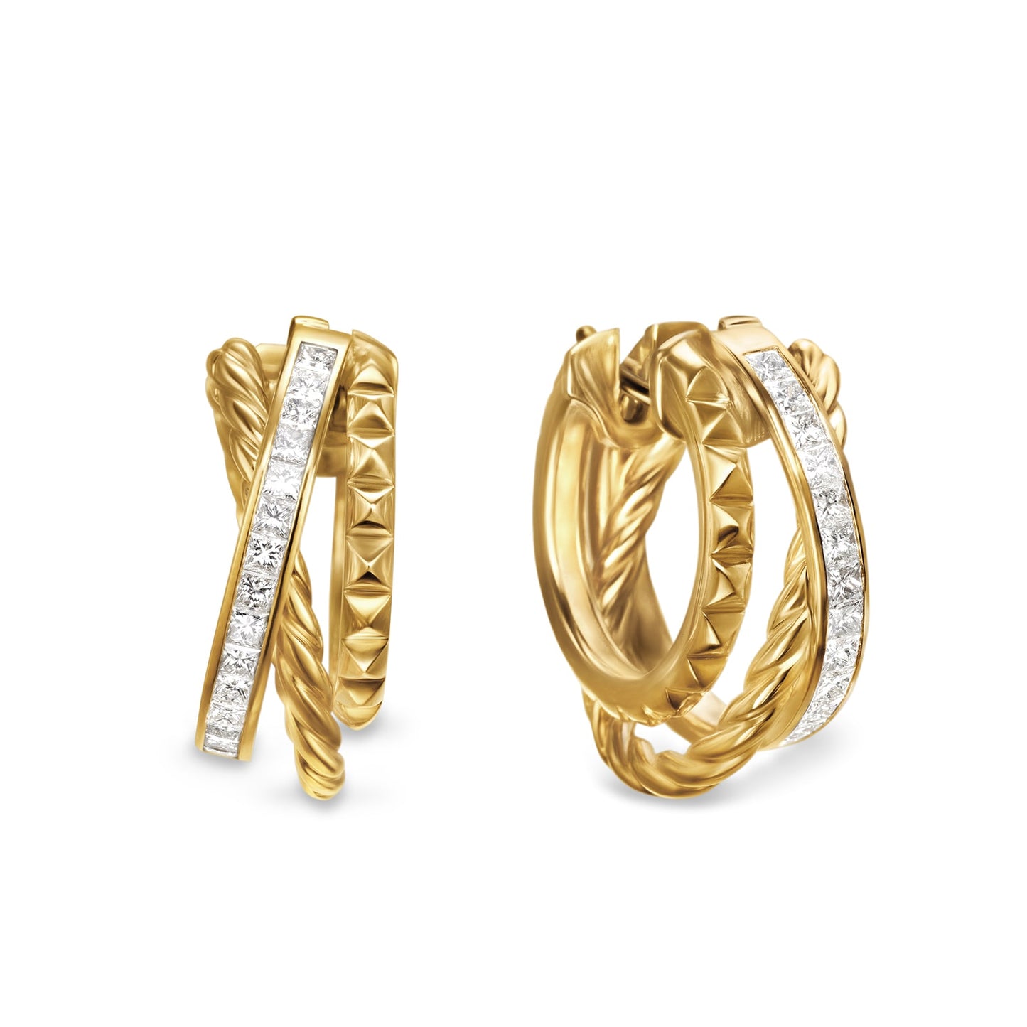 Crossover Trio Multi Row Hoop Earrings In Yellow Gold With Diamonds, 18mm