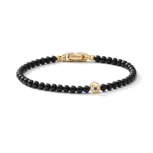 Spiritual Beads Evil Eye Bracelet In Black Onyx, Sapphire and Yellow Gold, 4mm