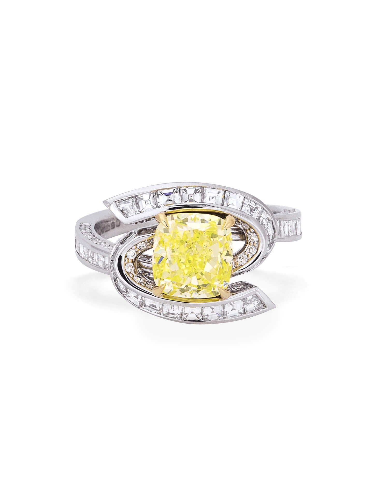 Swirl Design Cushion Yellow Diamond Ring