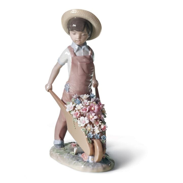 Wheelbarrow With Flowers Boy Figurine