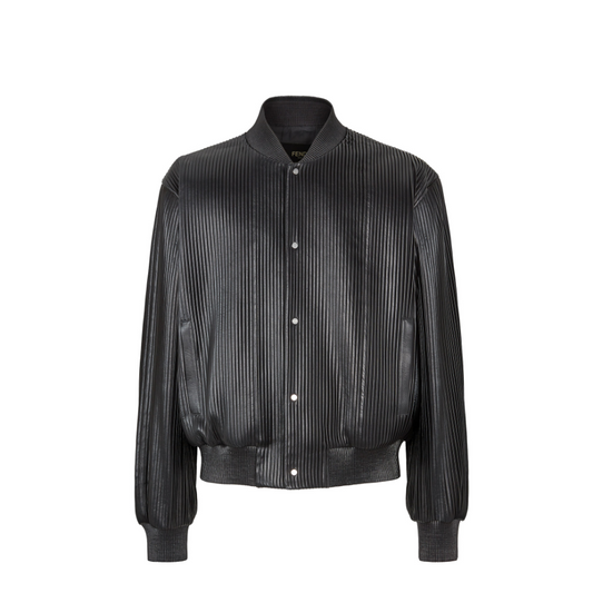 Black Leather Pleated Bomber Jacket