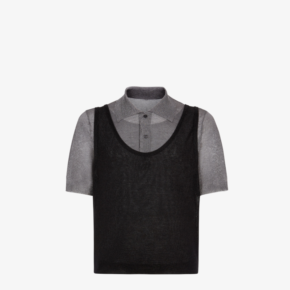 Black And Grey Wool Polo Shirt With Metallic Yarn