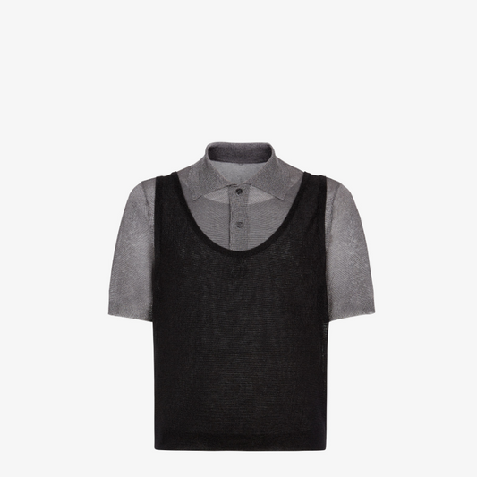 Black And Grey Wool Polo Shirt With Metallic Yarn