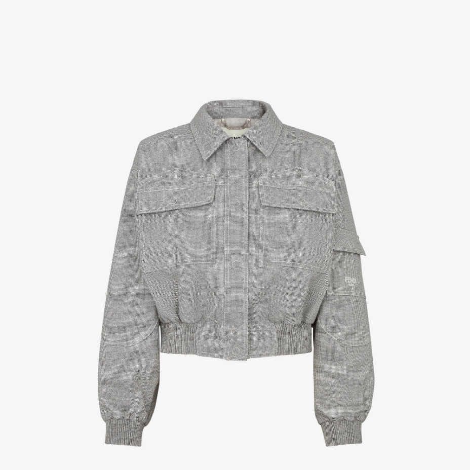 Grey Micro Check Wool Bomber Jacket