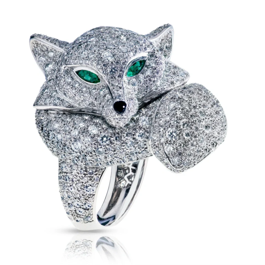 Treasures Le Renard White Gold Diamond & Emerald Fox Ring