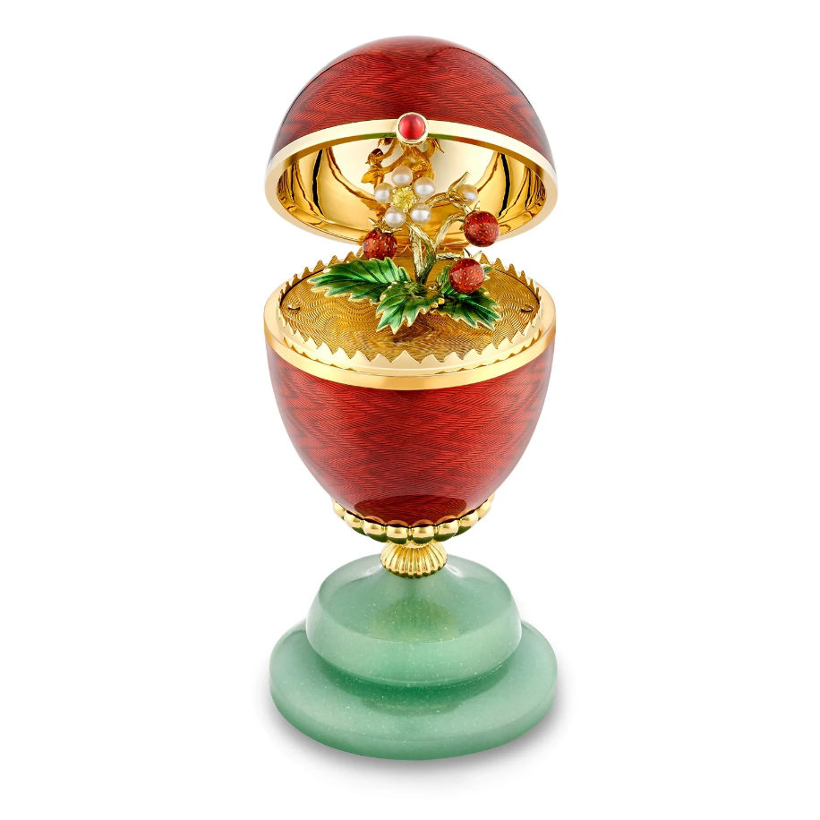 Limited Edition Guilloché Enamel Strawberry Surprise Egg Objet