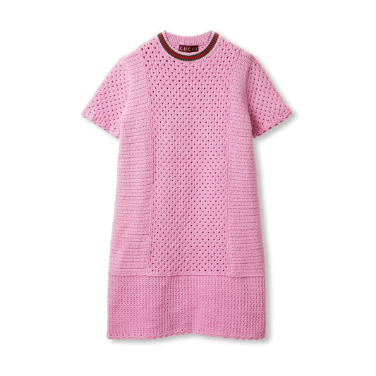 Gucci Crochet-effect Cotton Dress With Web