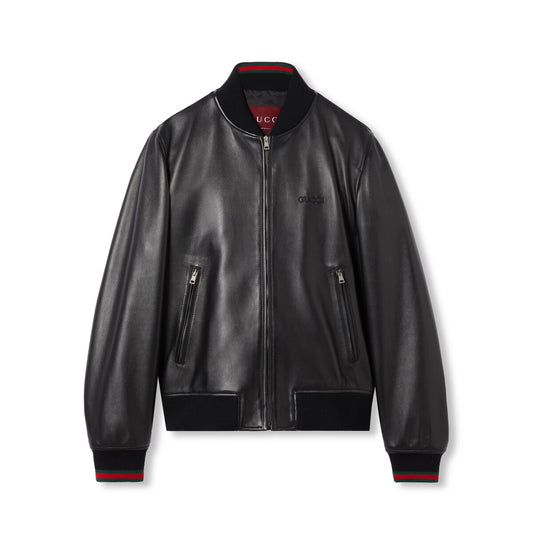 Gucci Leather Bomber Jacket with Web