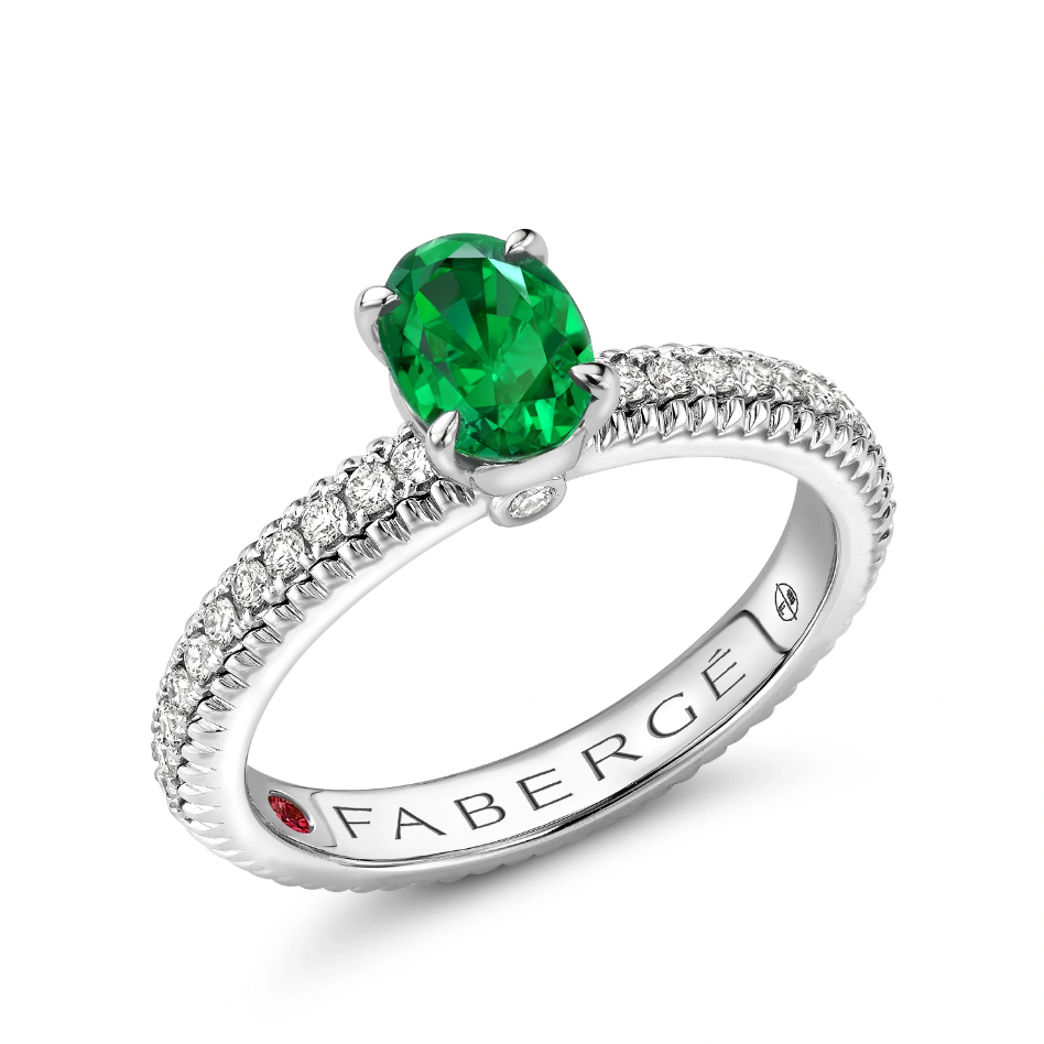 Fluted Emerald Ring with Diamond Shoulders