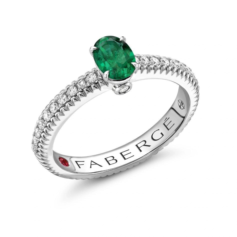 Fluted Emerald Ring with Diamond Shoulders