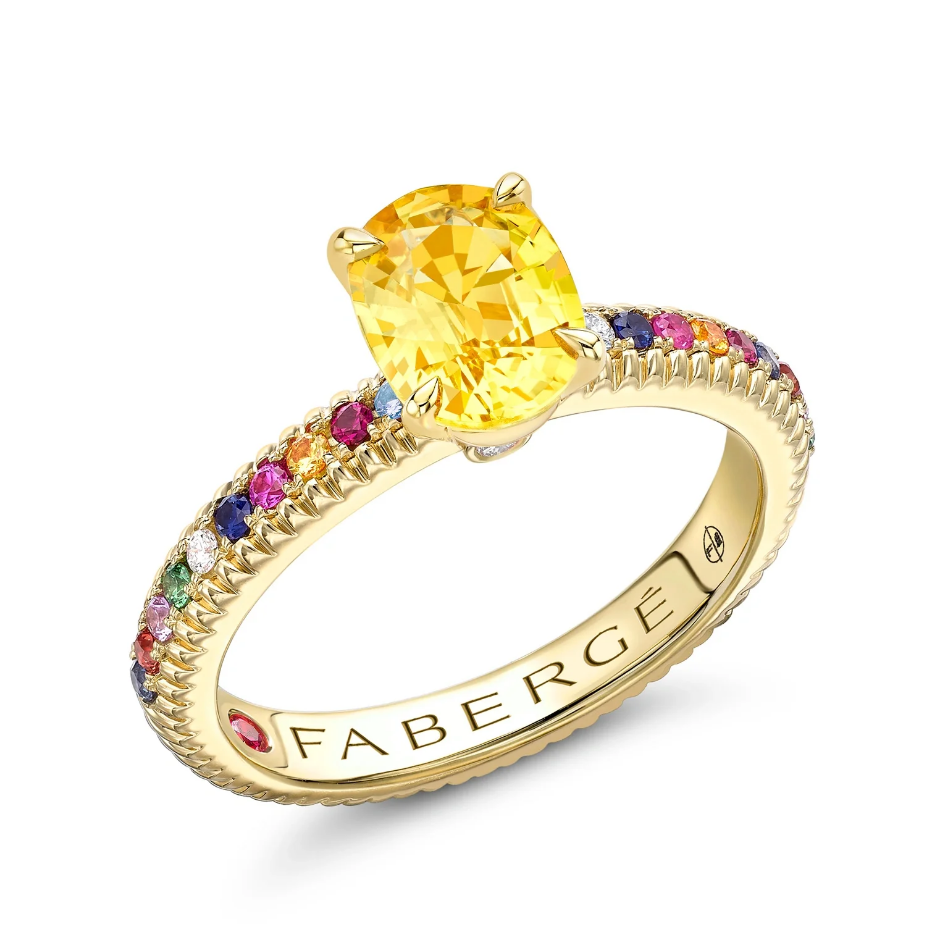 Fluted Yellow Sapphire Ring with Multicoloured Shoulders