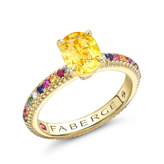 Fluted Yellow Sapphire Ring with Multicoloured Shoulders