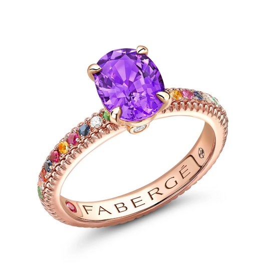 Fluted Purple Sapphire Ring with Multicoloured Gemstone Shoulders