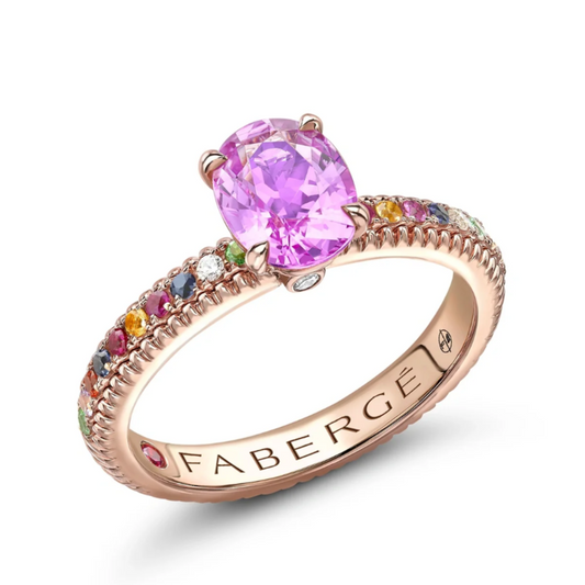 Fluted Pink Sapphire Ring with Multicoloured Gemstone Shoulders