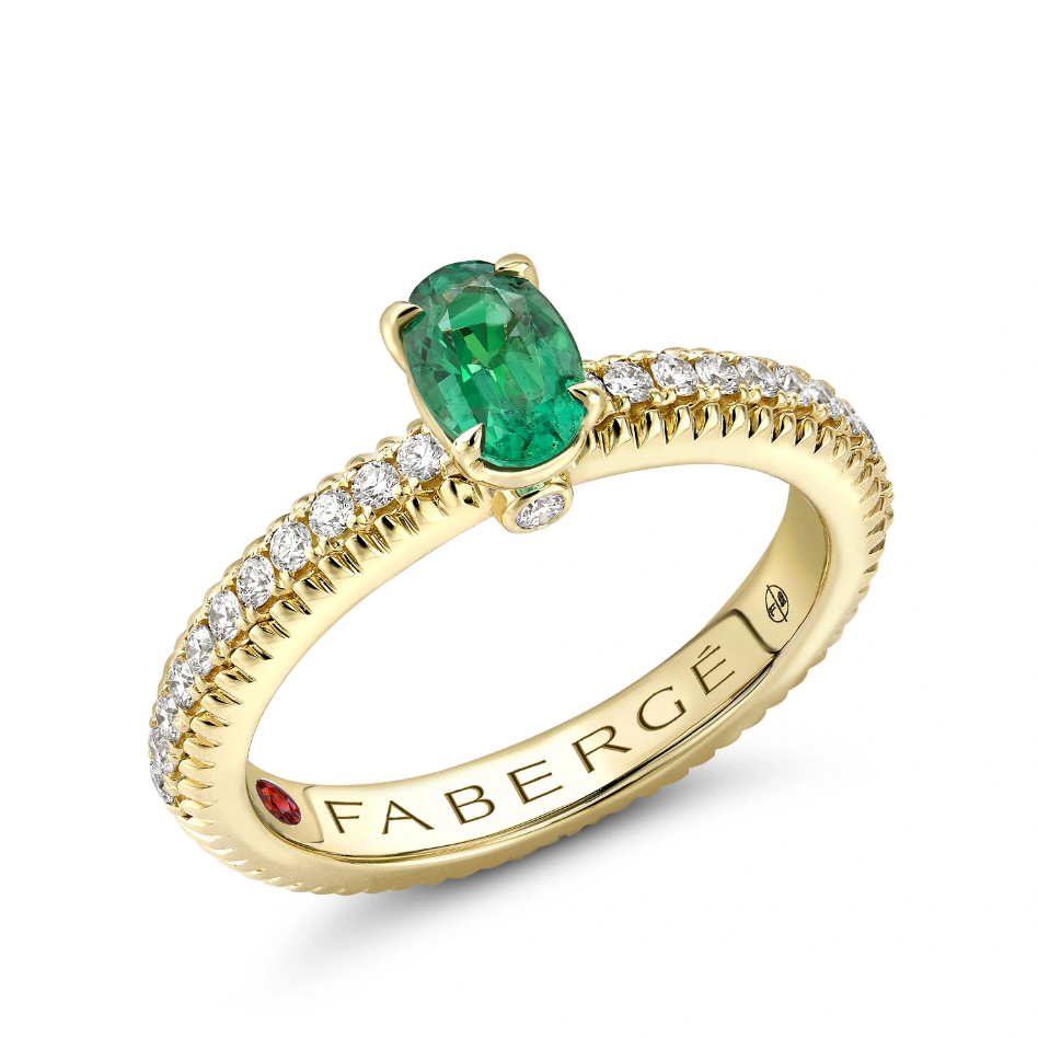 Fluted Emerald Ring with Diamond Shoulders