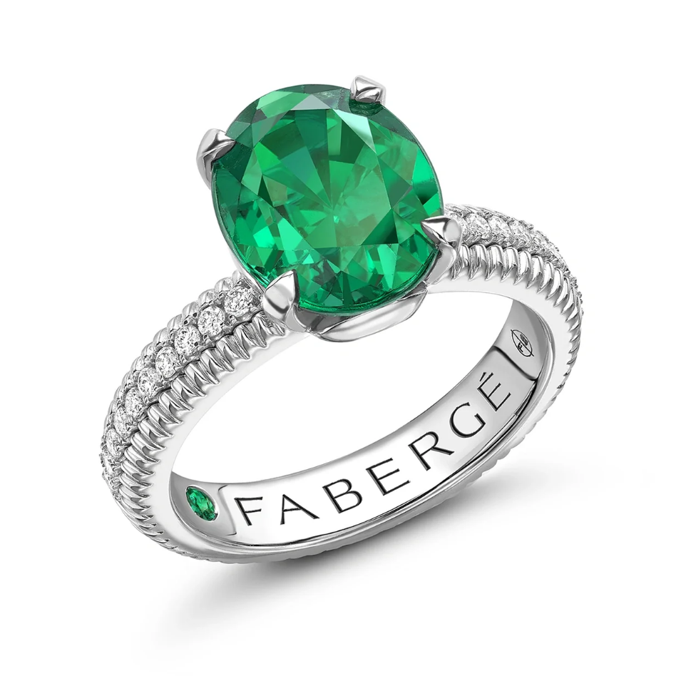 Fluted Emerald Ring with Diamond Shoulders